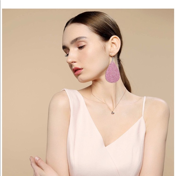 Faux Leather Teardrop Pink Glitter Dangle Earrings - Picture 2 of 7